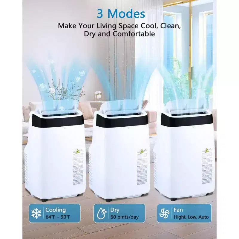 Condizionatore Portatile da 10000 BTU, Climatizzatore Domestico con Telecomando per Stanze fino a 42 m², Funzioni 3-in-1/Timer 24 Ore/Rotelle