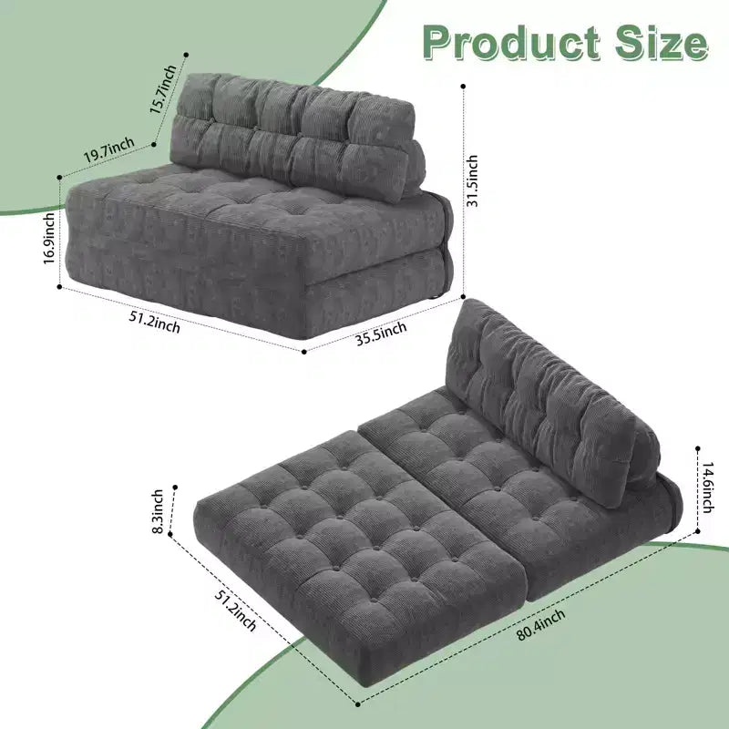Divano Letto Futon Pieghevole in Velluto a Coste, Sedia Convertibile da Terra con Cuscino e Supporto per la Schiena