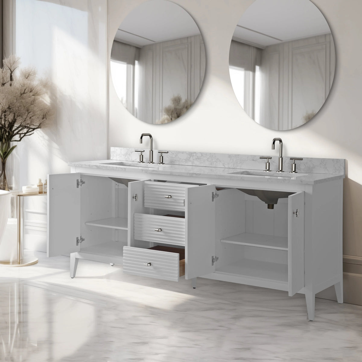 Mobile lavabo doppio Vanity Art 72 per bagno, con top in marmo tecnico