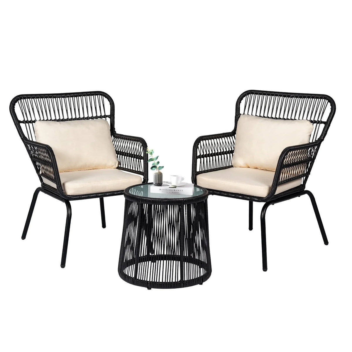 Set da Bistrò per Conversazione da Esterno a 3 Pezzi in Vimini, Set di Sedie da Patio in Rattan per Tutte le Stagioni con Cuscini