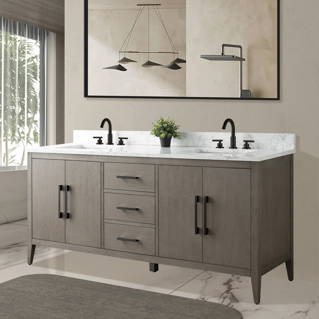 Mobile lavabo doppio Vanity Art 72 per bagno, con top in marmo tecnico