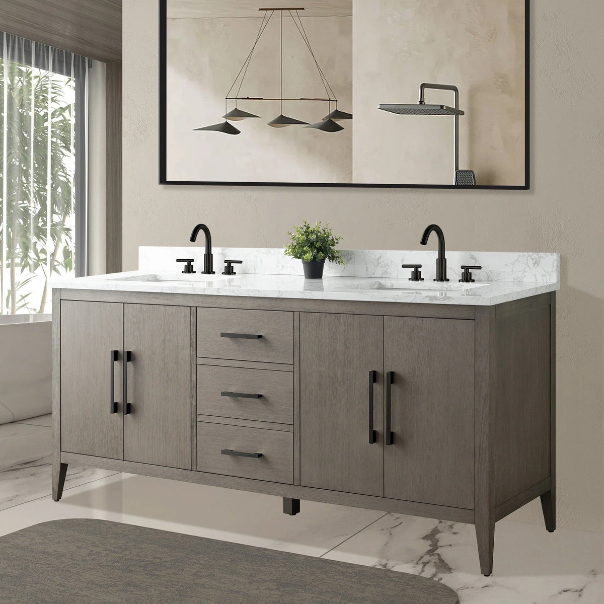 Mobile lavabo doppio Vanity Art 72 per bagno, con top in marmo tecnico