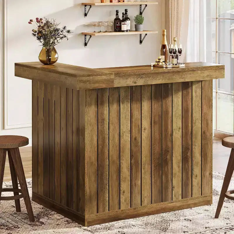 Mobile bar a L Lantine, tavolo da bar angolare a 4 ripiani con mensole e porta calici da vino per pub domestico