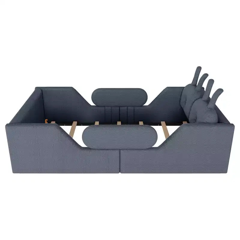 Letto a piattaforma Whisen Twin, struttura letto imbottita per bambini con cuscino a coniglio, sponde laterali rimovibili