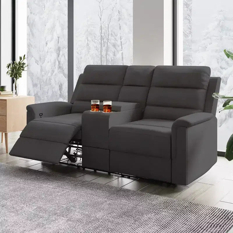 Divano a 2 posti reclinabile in tessuto tecnico beige/grigio con schienale e poggiapiedi regolabili