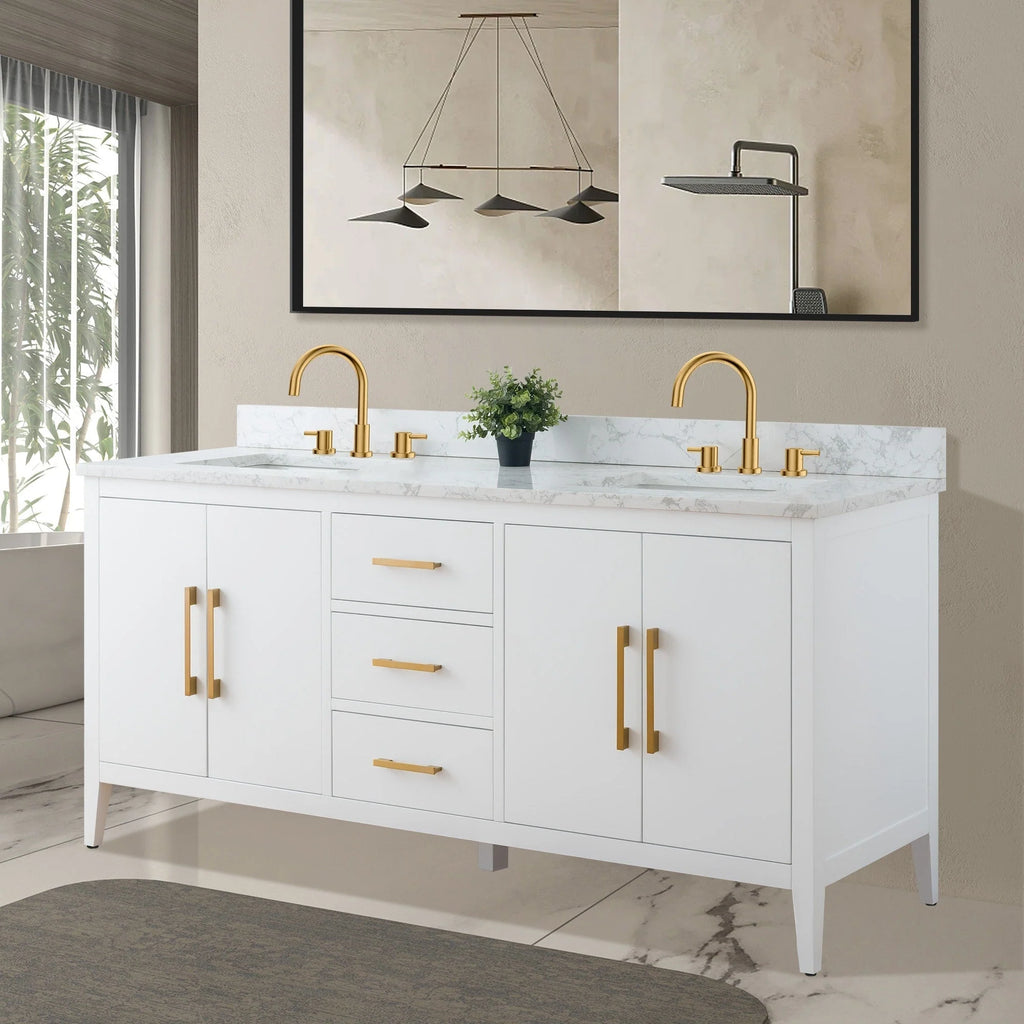 Mobile lavabo doppio Vanity Art 72 per bagno, con top in marmo tecnico