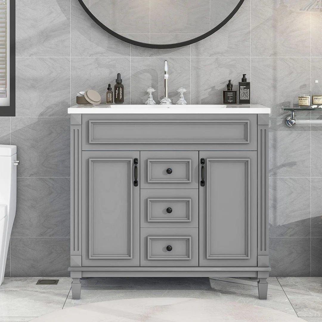 Mobile bagno moderno da 90 cm con lavabo integrato e specchiera, 2 ante e 2 cassetti