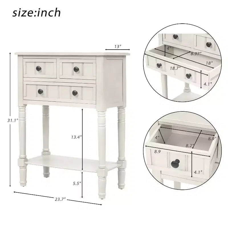 Tavolino consolle stretto da 60 cm con 3 cassetti e ripiano, tavolino da divano per ingresso o soggiorno di piccoli spazi