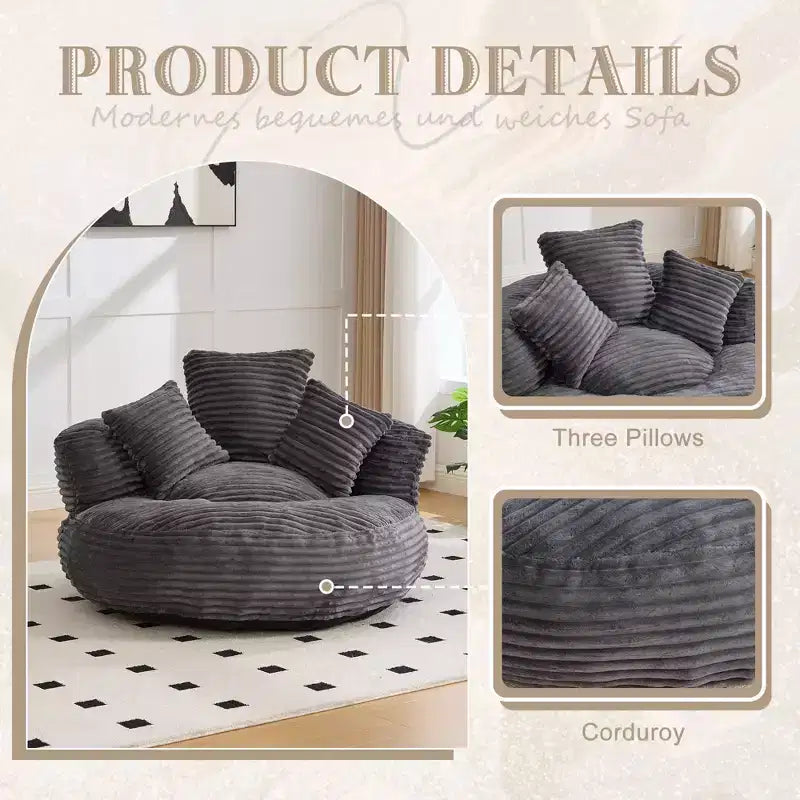 Pouf Divano per Adulti e Bambini, Poltrona Sacco Oversize in Corduroy con 3 Cuscini e Braccioli per Soggiorno e Camera da Letto