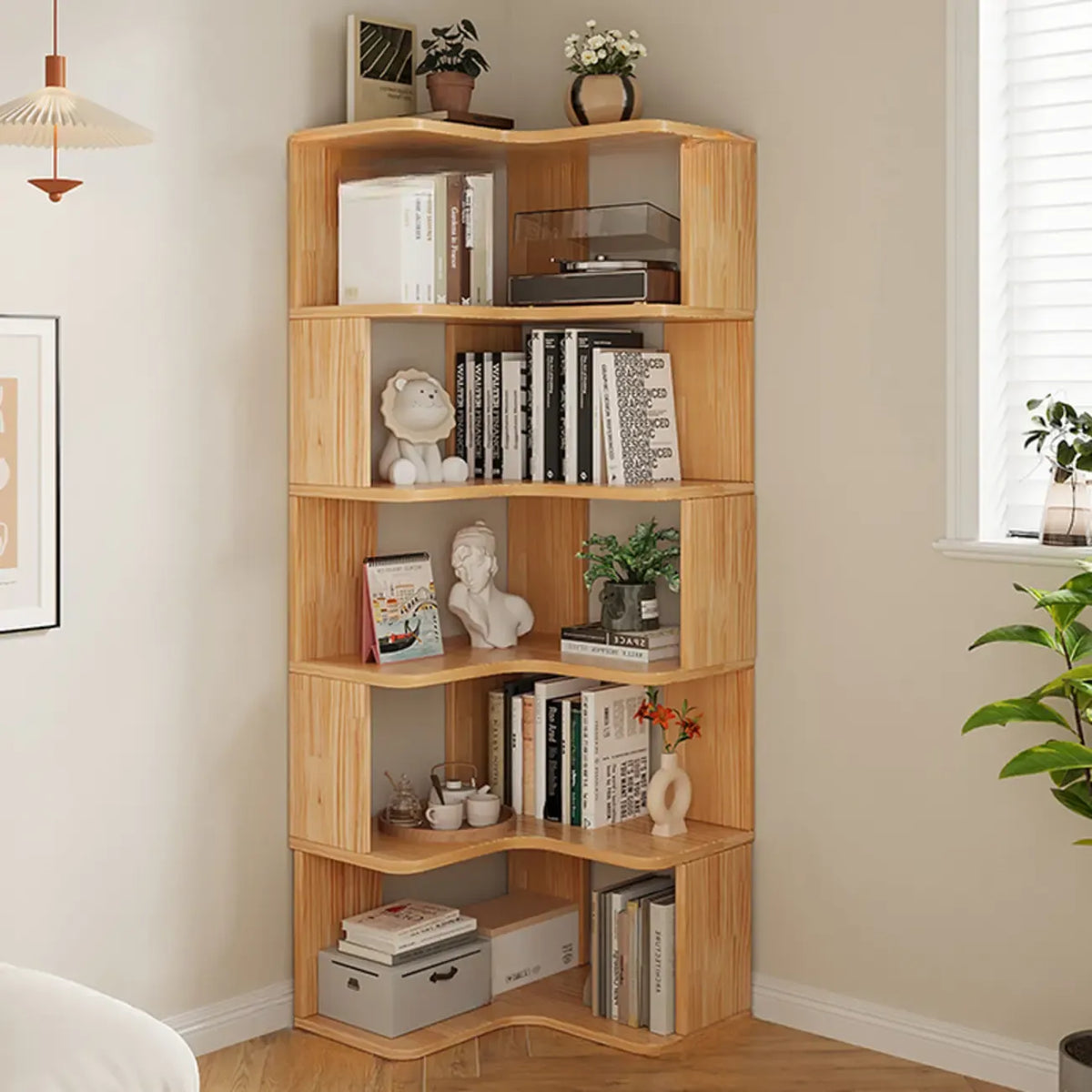Libreria a giorno verticale a L in legno finitura naturale