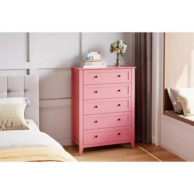 Cassettiera a 5 cassetti alta 108 cm per camera da letto, armadietto in legno con cassetti profondi 30 cm e pomelli in metallo dorato, ideale per ingresso o corridoio
