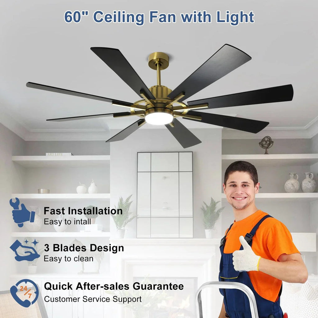 Ventilatore da soffitto con luci telecomandato e 8 grandi pale in legno