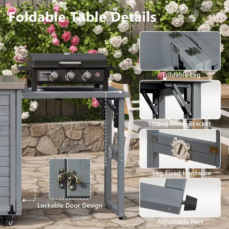 FAMYYT Isola per Cucina da Esterno da 78.3 Pollici con Piano di Lavoro in Acciaio Inossidabile, Stazione Barbecue Pieghevole e Armadietti Contenitore, Grigio Blu