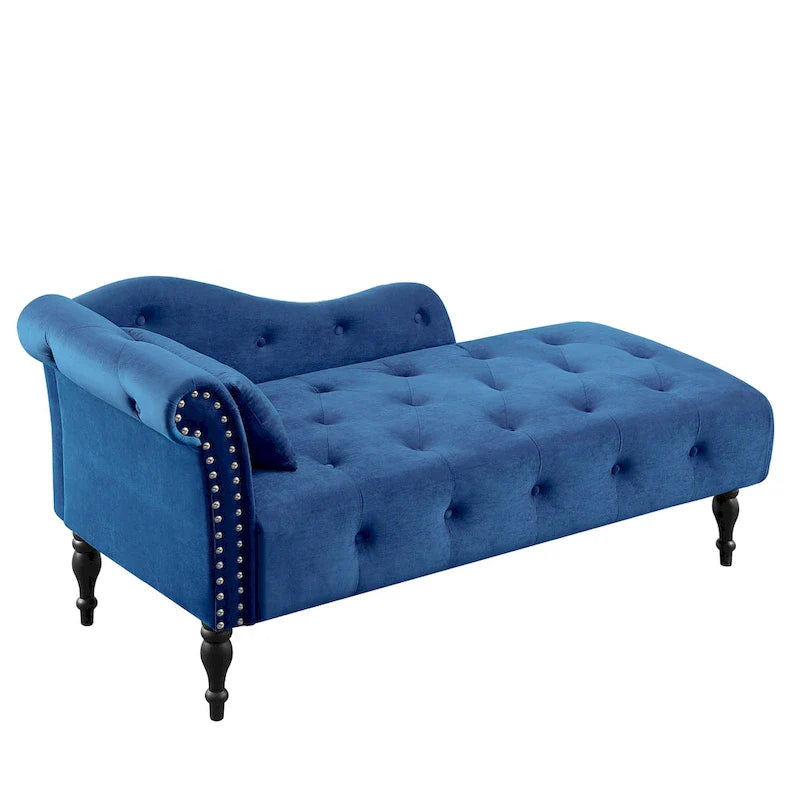 Moderna Chaise Longue da 60.6" in Velluto Imbottito con Bottoni Capitonnè, Gambe in Legno Massello e Borchie