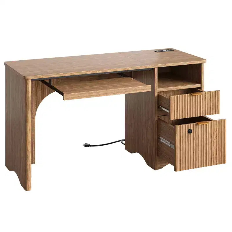 Bestier Scrivania per computer Smart 55", Scrivania in rovere con cassetti per documenti e presa di corrente, Scrivania direzionale con scomparti aperti e vassoio per tastiera