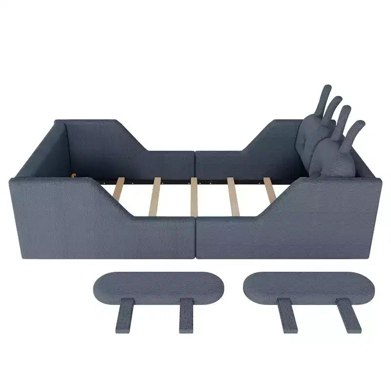 Letto a piattaforma Whisen Twin, struttura letto imbottita per bambini con cuscino a coniglio, sponde laterali rimovibili