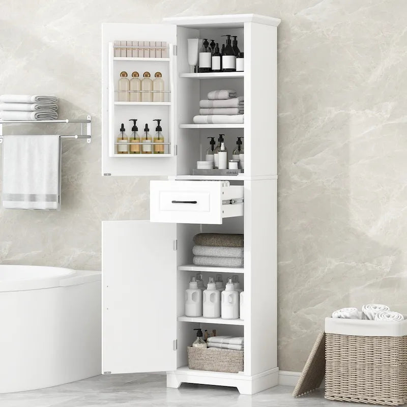 Mobile bagno da terra con 2 ante, ripiani regolabili e scomparti sulla porta, organizer alto per bagno