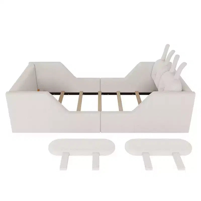 Letto a piattaforma Whisen Twin, struttura letto imbottita per bambini con cuscino a coniglio, sponde laterali rimovibili