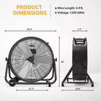 Ventilatore da Pavimento, Ventilatore Industriale - Ventilatore a Tamburo da 24 Pollici per Carichi Pesanti con 4 Velocità, Circolatore d'Aria in Metallo per Magazzino, Officina, Garage, Fabbrica, Cantina