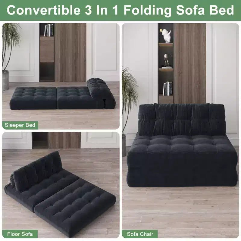 Divano Letto Futon Pieghevole in Velluto a Coste, Sedia Convertibile da Terra con Cuscino e Supporto per la Schiena