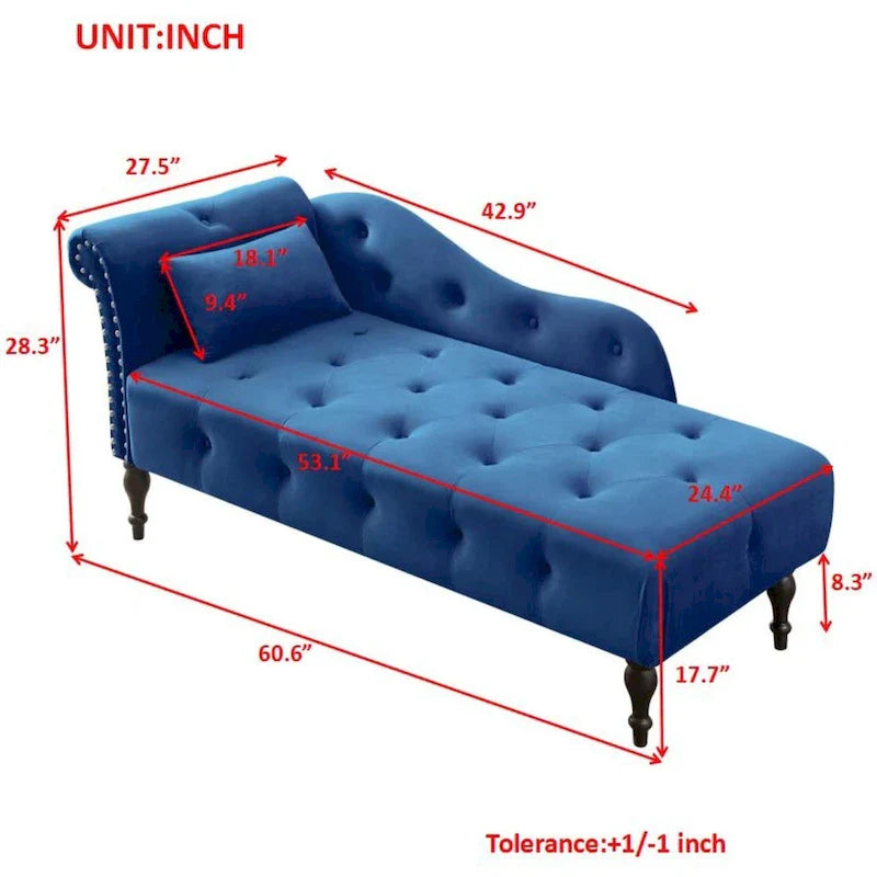 Moderna Chaise Longue da 60.6" in Velluto Imbottito con Bottoni Capitonnè, Gambe in Legno Massello e Borchie