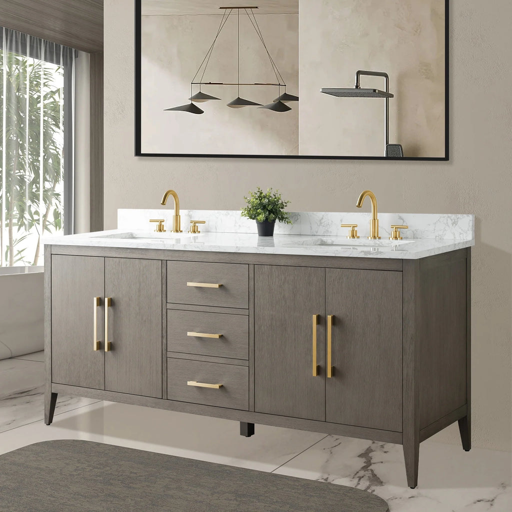 Mobile lavabo doppio Vanity Art 72 per bagno, con top in marmo tecnico