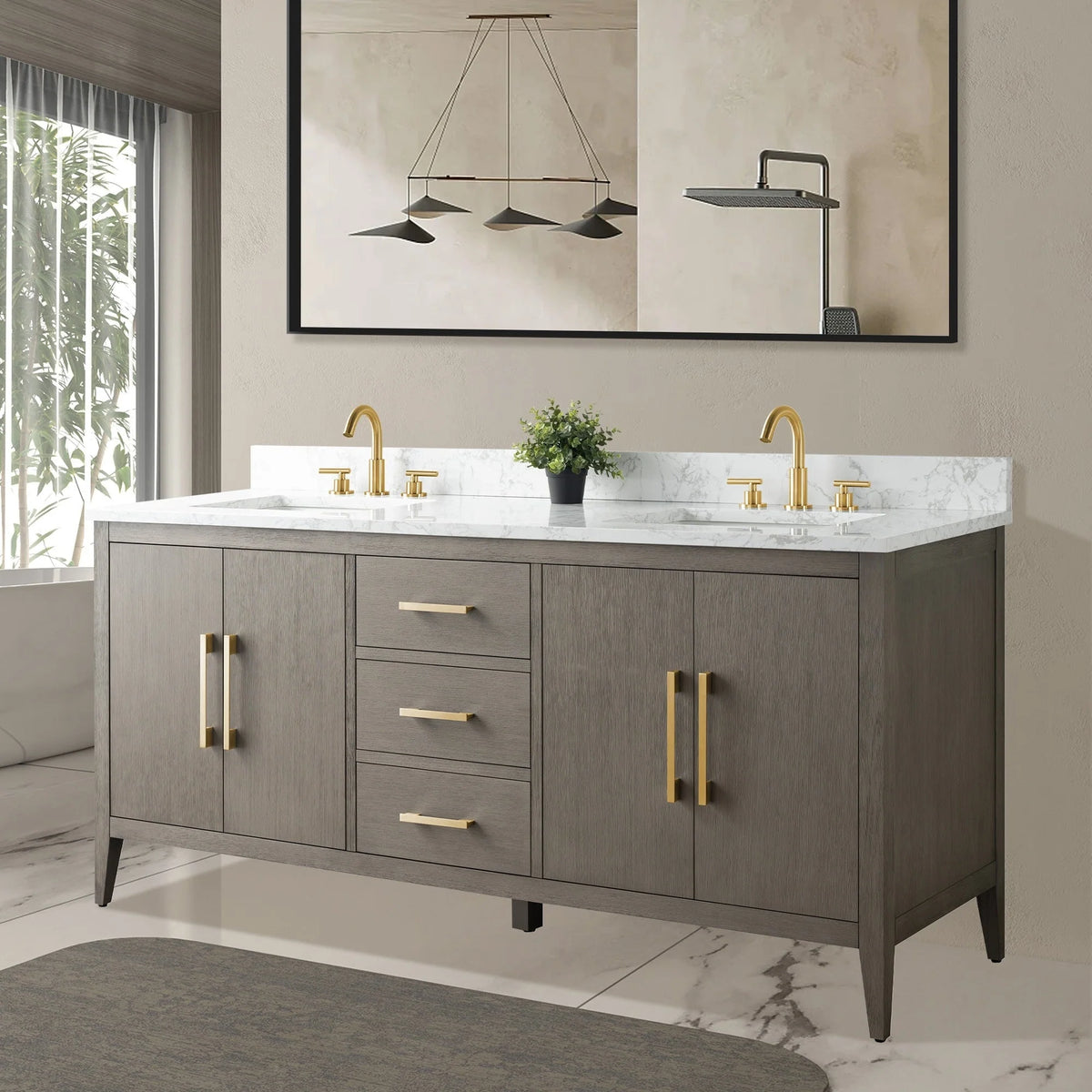 Mobile lavabo doppio Vanity Art 72 per bagno, con top in marmo tecnico