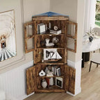 Mobile angolare alto da 69", mobile angolare da dispensa in stile rustico, salvaspazio, anta in vetro, ripiani regolabili, per soggiorno, cucina