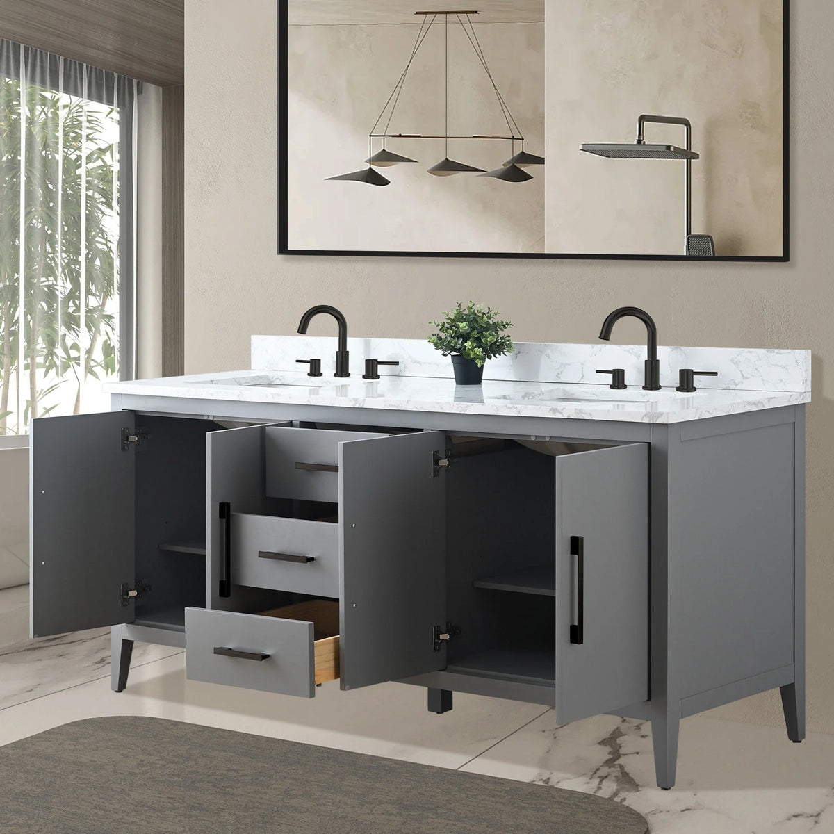 Mobile lavabo doppio Vanity Art 72 per bagno, con top in marmo tecnico