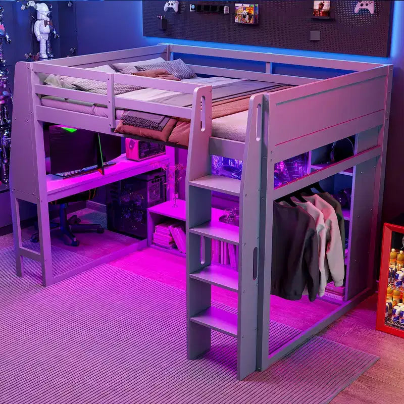 Letto a soppalco da gaming Whisen Wood, una piazza, con scrivania, mensole multi-contenitore, luci LED e appendiabiti