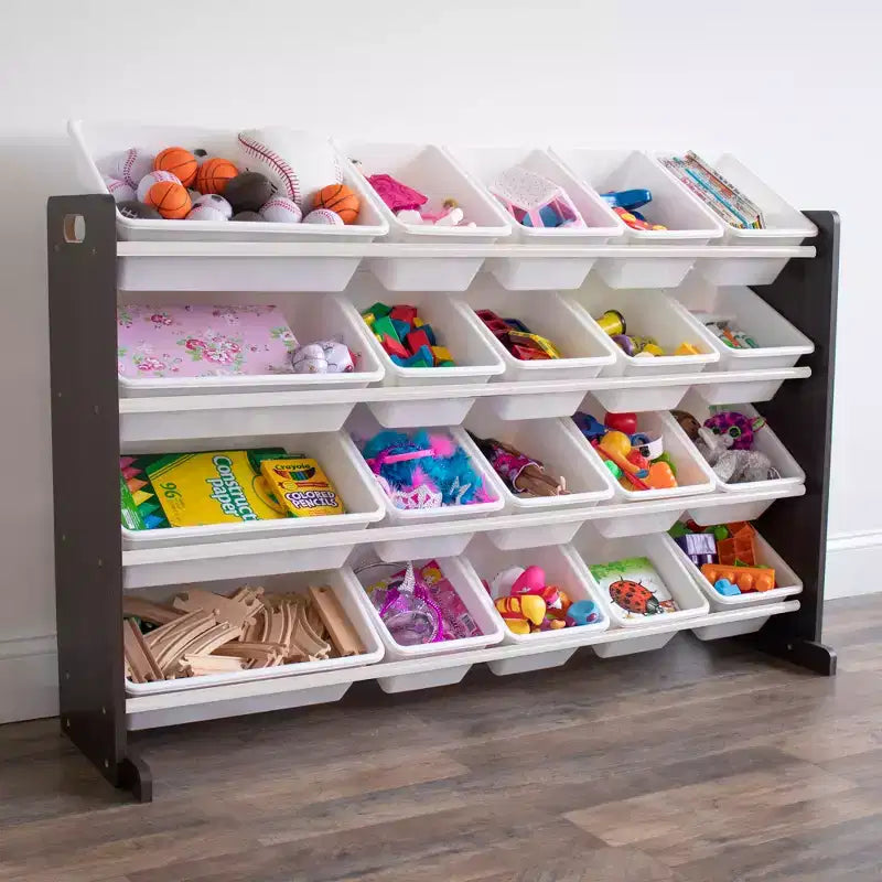 Extra Large Kids' Toy Storage Organizer with 20 Storage Bins Espresso/White - Humble Crew: Playroom Bin Shelf, MDF