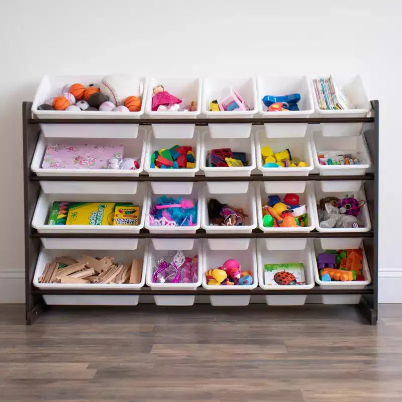 Extra Large Kids' Toy Storage Organizer with 20 Storage Bins Espresso/White - Humble Crew: Playroom Bin Shelf, MDF