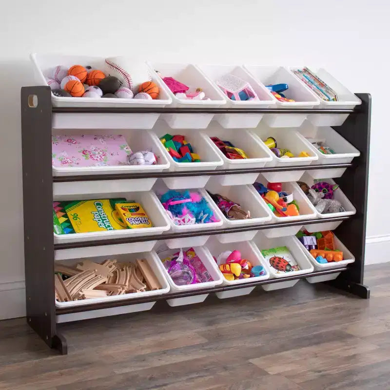 Extra Large Kids' Toy Storage Organizer with 20 Storage Bins Espresso/White - Humble Crew: Playroom Bin Shelf, MDF