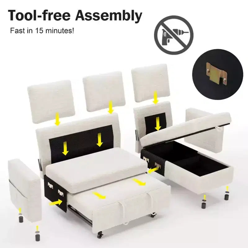 Divano letto estraibile 2 in 1 con chaise longue contenitore, divano sezionale in ciniglia con porte USB per soggiorno