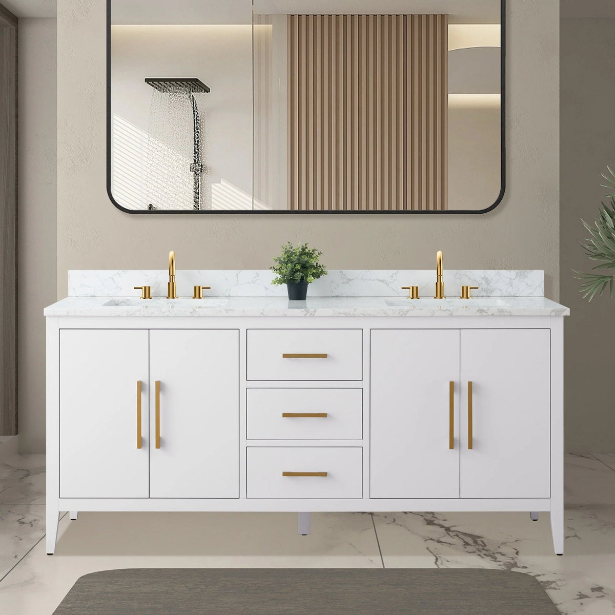 Mobile lavabo doppio Vanity Art 72 per bagno, con top in marmo tecnico