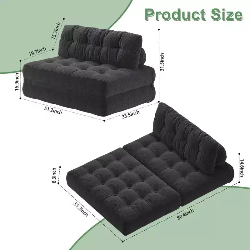 Divano Letto Futon Pieghevole in Velluto a Coste, Sedia Convertibile da Terra con Cuscino e Supporto per la Schiena