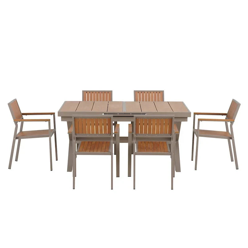 Set da pranzo da esterno allungabile a 7 pezzi con tavolo allungabile e 6 sedie con braccioli