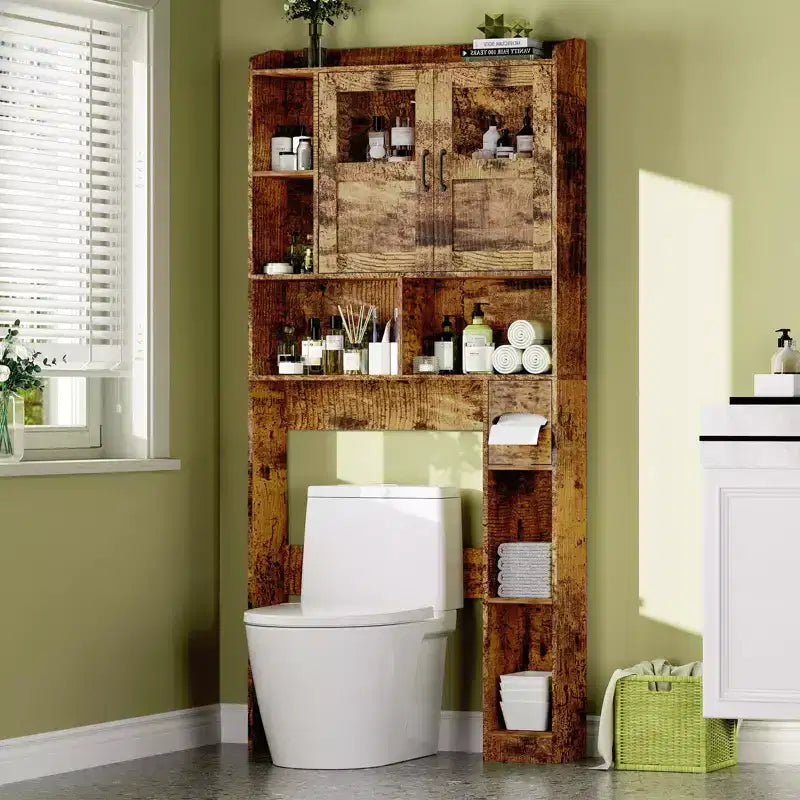 Mobiletto salvaspazio sopra il WC - Organizer e mobiletto da bagno in stile rustico da 67,4 H con ripiano regolabile e anta in vetro per bagno, lavanderia
