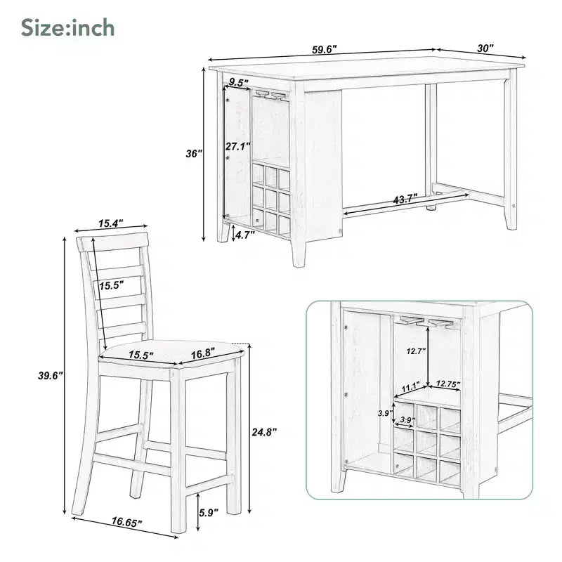 Set da pranzo da 5 pezzi in stile rustico ad altezza bancone con sedie per 4 persone, tavolo rettangolare in legno con ripiani e scomparto per vino