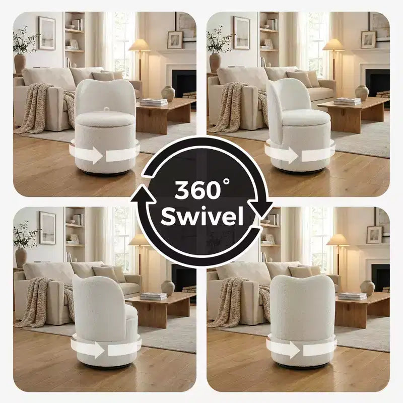 Sedia da toilette girevole con contenitore, Sgabello da trucco rotondo imbottito con schienale, Poltroncina a botte imbottita per camera da letto e soggiorno