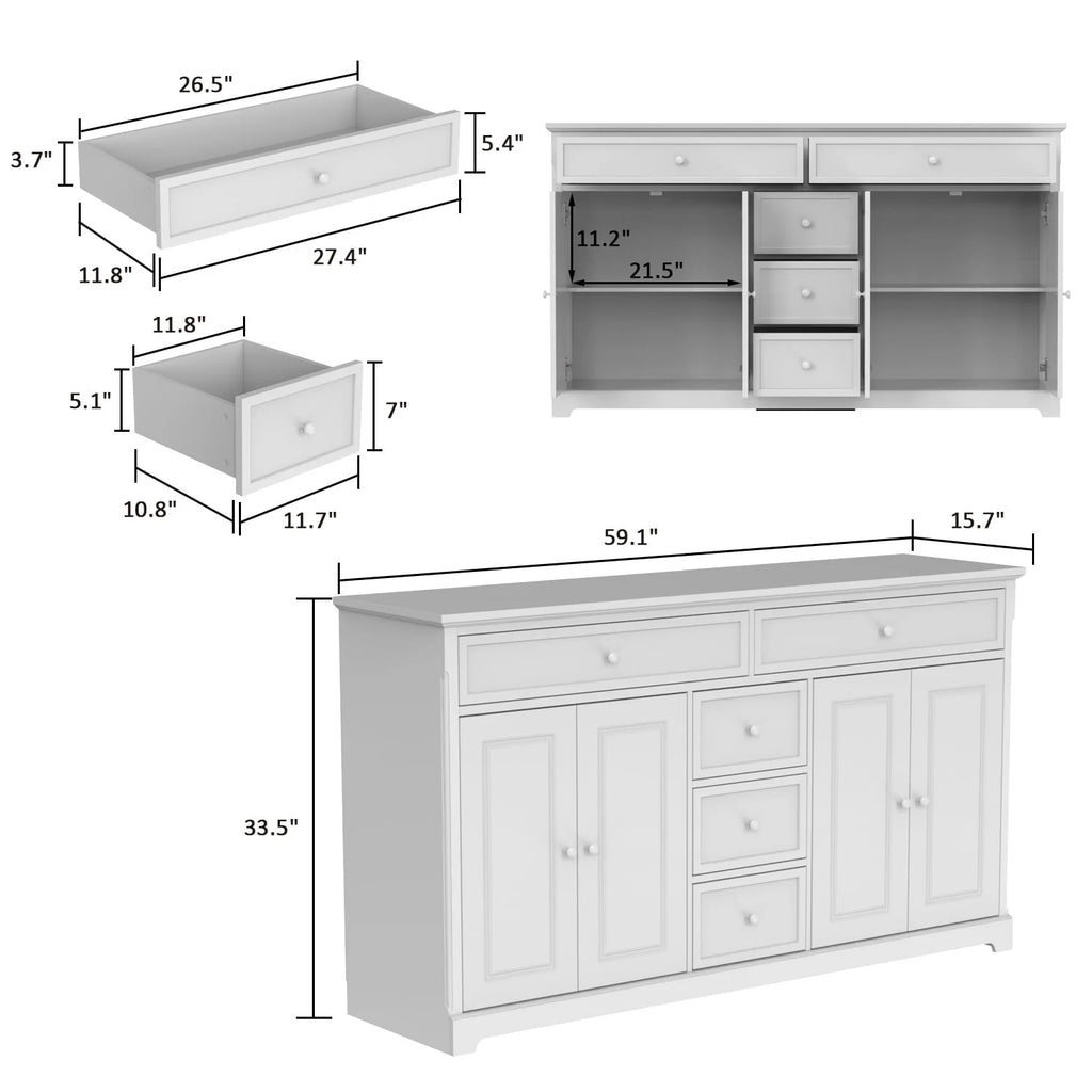 59.1'' Credenza Buffet Bianco Laccato Mid-Century Modern Contemporaneo