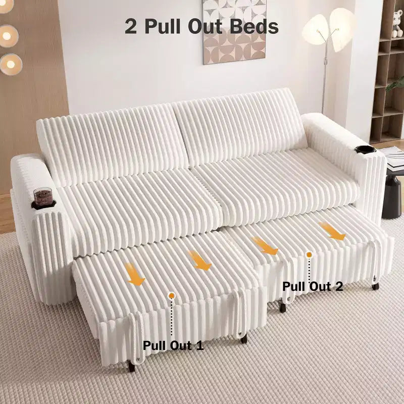 Divano letto componibile Dyonery 91 con letto estraibile, schienale reclinabile/due letti estraibili/porte USB/portabicchieri, velluto a coste felpato