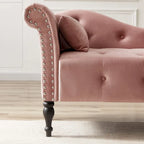 Moderna Chaise Longue da 60.6" in Velluto Imbottito con Bottoni Capitonnè, Gambe in Legno Massello e Borchie