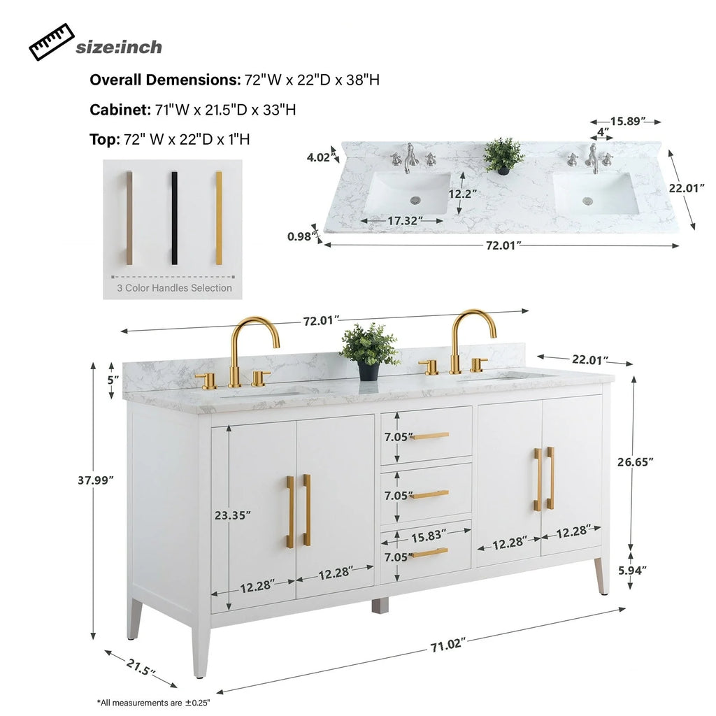 Mobile lavabo doppio Vanity Art 72 per bagno, con top in marmo tecnico