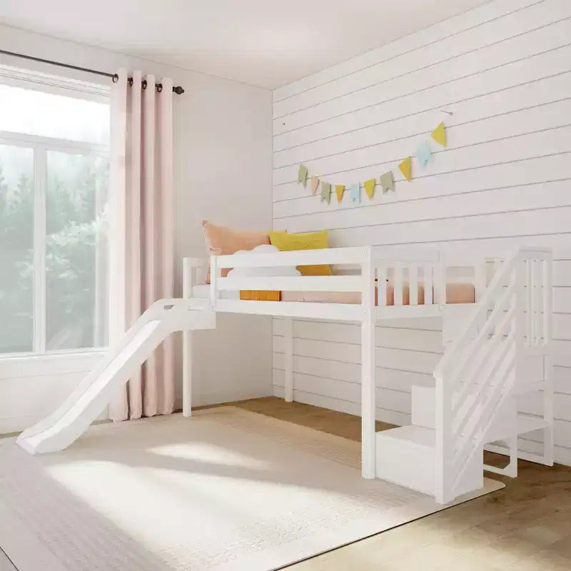 Letto a soppalco basso per bambini con scivolo e scale, legno massiccio, 14 sponde protettive, capacità 181 kg