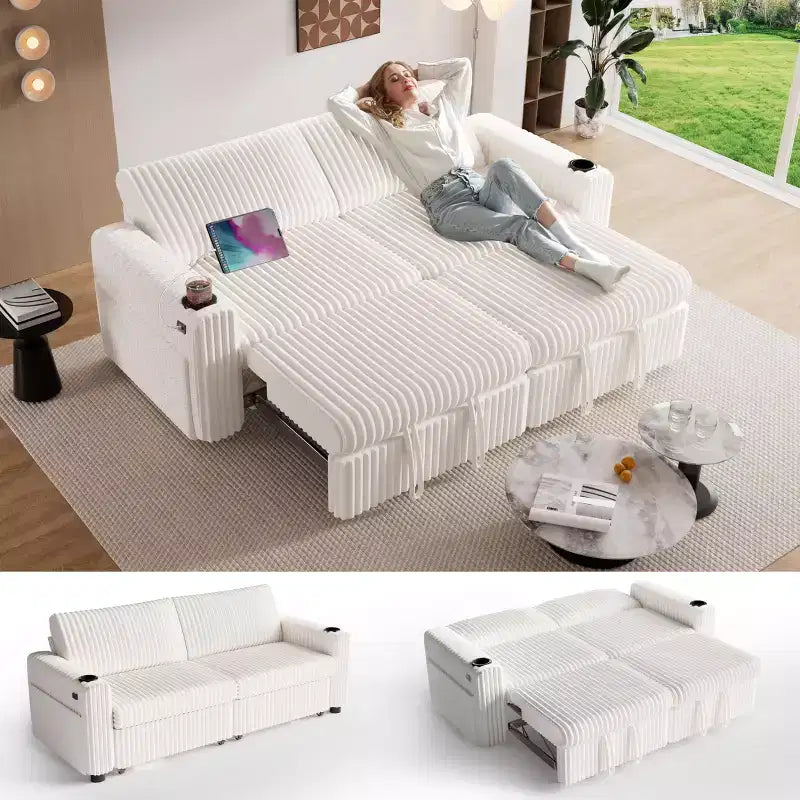Divano letto componibile Dyonery 91 con letto estraibile, schienale reclinabile/due letti estraibili/porte USB/portabicchieri, velluto a coste felpato