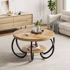 Tavolino rotondo industriale da 30 pollici a 2 ripiani con piedini regolabili, ripiano con venature del legno, design a fiamma, facile montaggio, per soggiorno
