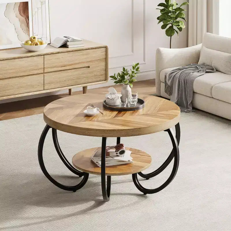 Tavolino rotondo industriale da 30 pollici a 2 ripiani con piedini regolabili, ripiano con venature del legno, design a fiamma, facile montaggio, per soggiorno