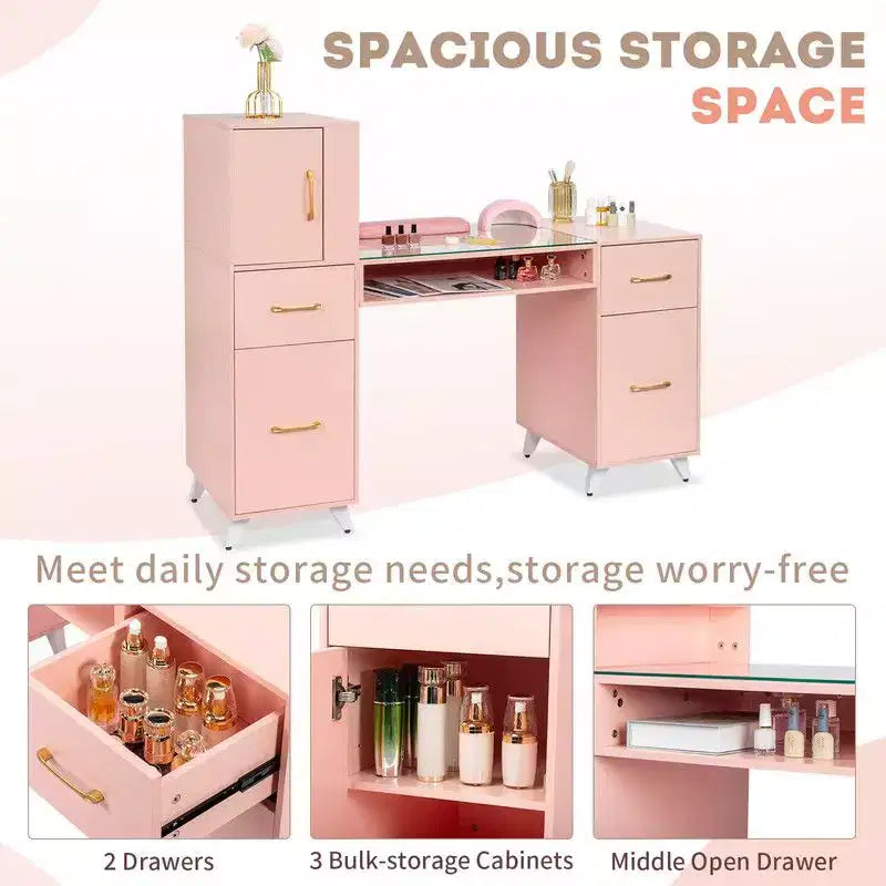 Tavolo manicure moderno nero/rosa con ripiano in vetro e poggiapolso, postazione singola
