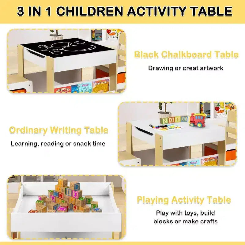 Tavolo e 2 Sedie per Bambini con Contenitore, Piano Rimovibile e Lavagna, per Arte, Lavoretti, Lettura